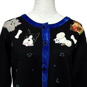 Quacker Factory Cardigan Medium Black Dog Poodle Boston Terrier Sweater